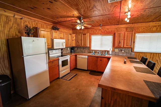 kitchen with ceiling fan, sink, wooden ceiling, wood walls, and white appliances