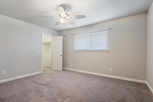 unfurnished bedroom with carpet, a closet, a spacious closet, and ceiling fan