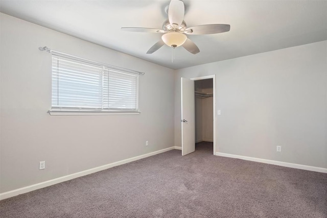 unfurnished bedroom featuring carpet flooring, a closet, and ceiling fan