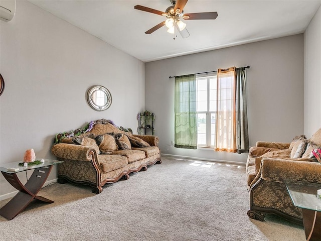 living room with carpet floors, a wall unit AC, and ceiling fan