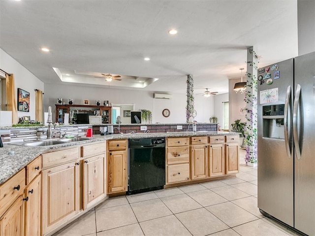 kitchen featuring stainless steel fridge with ice dispenser, dishwasher, ceiling fan, and light brown cabinets