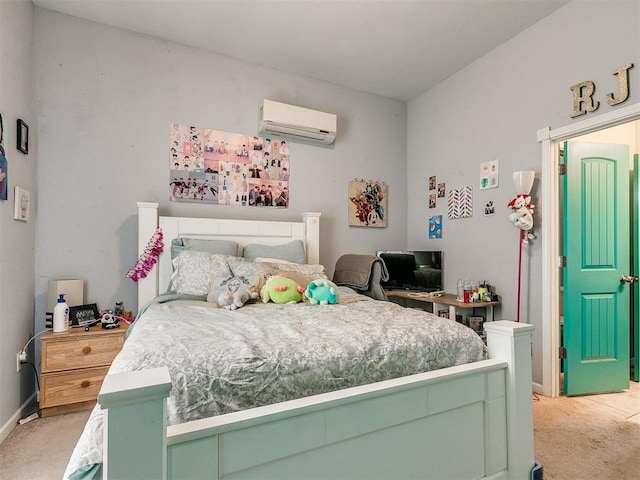 carpeted bedroom featuring a wall mounted AC