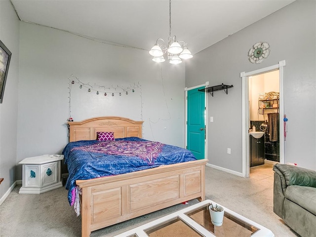 bedroom with carpet and a chandelier