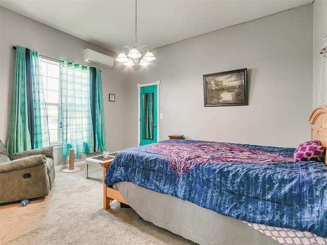 bedroom with carpet, a wall mounted air conditioner, and an inviting chandelier