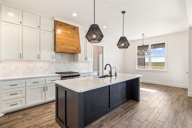 kitchen featuring dark wood finished floors, custom exhaust hood, a sink, stainless steel gas stove, and backsplash