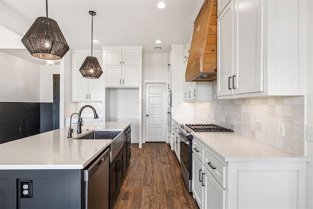 kitchen with white cabinetry, premium range hood, appliances with stainless steel finishes, and a sink