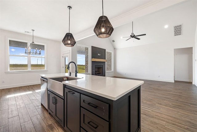 kitchen with dishwasher, dark wood-type flooring, visible vents, and a sink