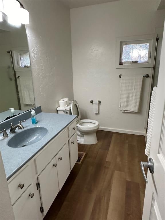 bathroom featuring toilet, vanity, and hardwood / wood-style flooring