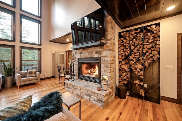 living room featuring hardwood / wood-style floors, plenty of natural light, a towering ceiling, and a fireplace