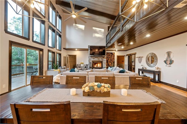 kitchen with wooden ceiling, high vaulted ceiling, ceiling fan, and dark wood-type flooring