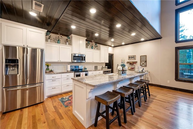 kitchen featuring appliances with stainless steel finishes, a center island with sink, white cabinetry, and a kitchen breakfast bar