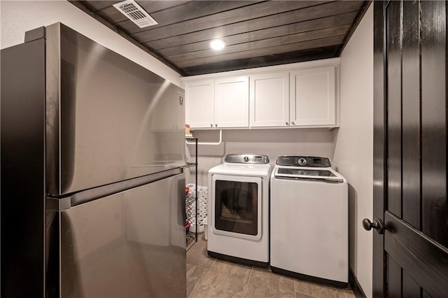 washroom featuring cabinets, washer and clothes dryer, and wooden ceiling