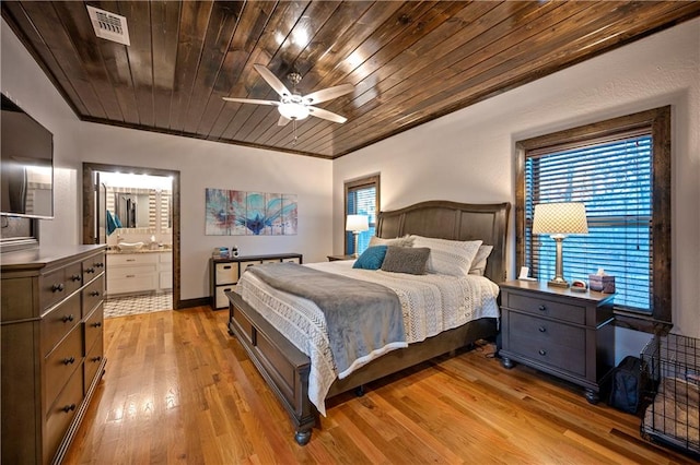 bedroom featuring ensuite bathroom, wood ceiling, ceiling fan, crown molding, and light hardwood / wood-style floors