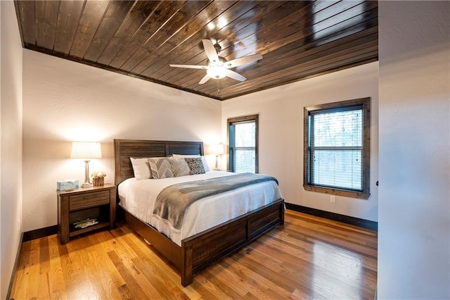 bedroom with ceiling fan, light hardwood / wood-style floors, wooden ceiling, and crown molding