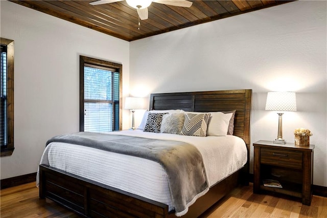 bedroom with ceiling fan, wooden ceiling, and hardwood / wood-style flooring