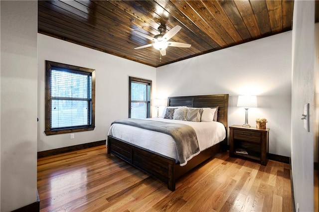 bedroom featuring ceiling fan, light hardwood / wood-style floors, and wood ceiling