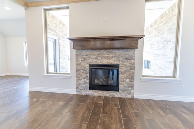 details featuring a stone fireplace