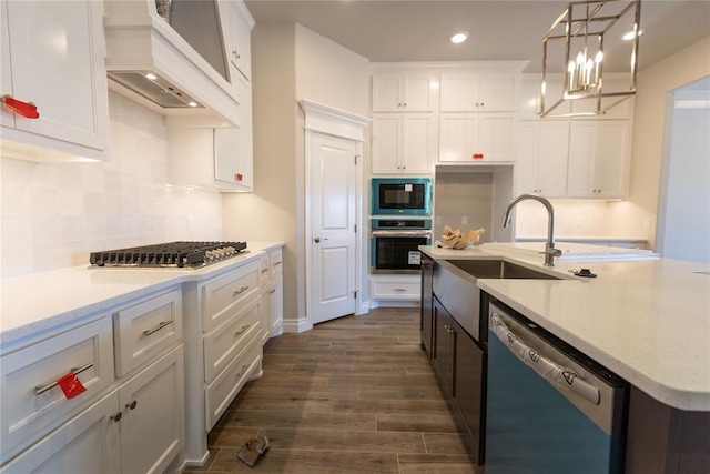 kitchen featuring stainless steel appliances, white cabinetry, custom range hood, and dark wood-type flooring