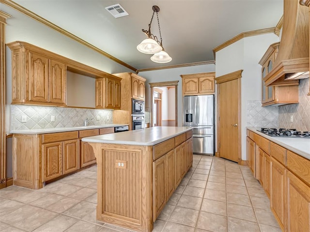 kitchen with hanging light fixtures, stainless steel appliances, light tile patterned floors, decorative backsplash, and a kitchen island