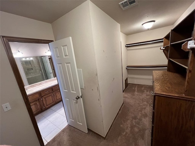 spacious closet featuring light colored carpet