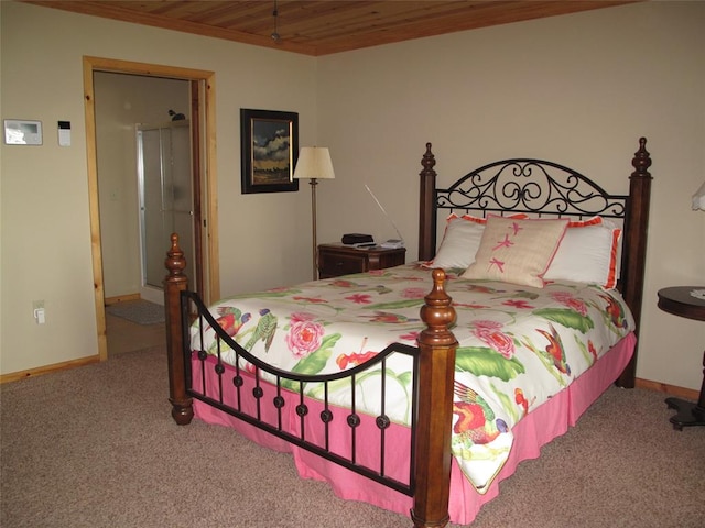 bedroom featuring carpet and wood ceiling