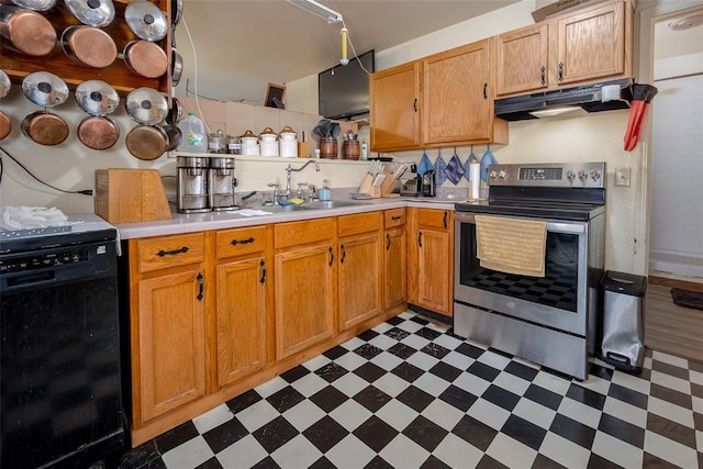 kitchen featuring dishwasher, stainless steel electric range oven, and sink