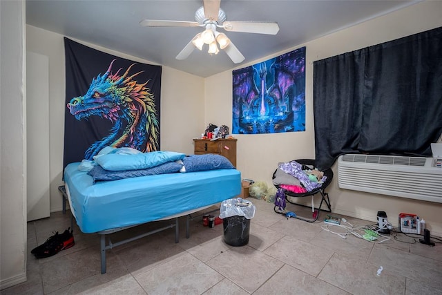 tiled bedroom featuring ceiling fan