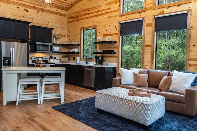 kitchen with appliances with stainless steel finishes, wooden walls, and a healthy amount of sunlight