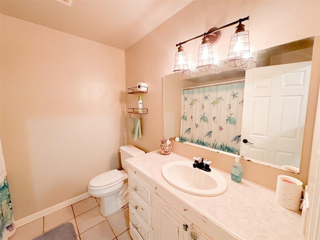 bathroom with tile patterned floors, vanity, toilet, and a shower with shower curtain