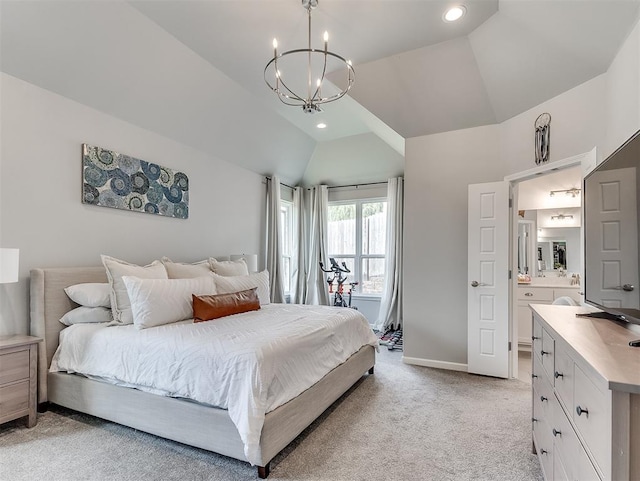 8216 Crew Ln, Edmond, OK 73034 - bedroom with a chandelier, light carpet, vaulted ceiling, ensuite bathroom, and recessed lighting