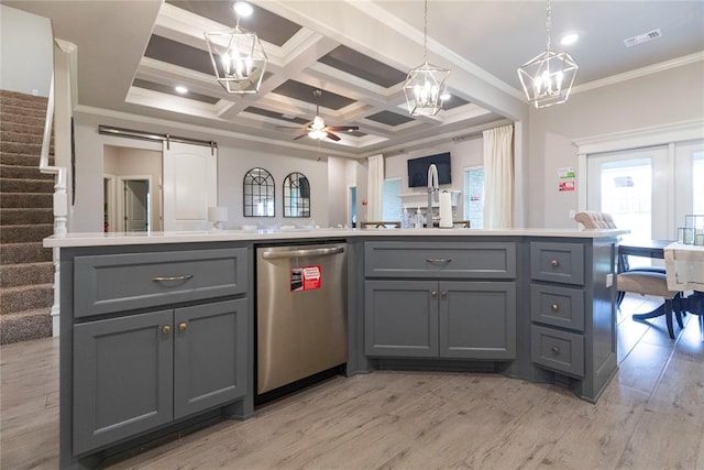 kitchen with dishwasher, coffered ceiling, a barn door, light hardwood / wood-style floors, and gray cabinets