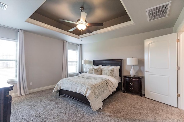 carpeted bedroom featuring a raised ceiling and ceiling fan