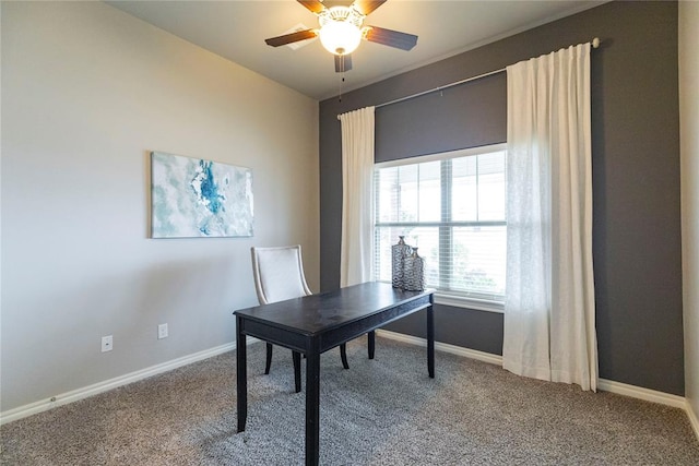 office space with ceiling fan and carpet floors