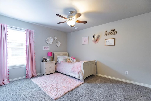 bedroom featuring carpet floors and ceiling fan