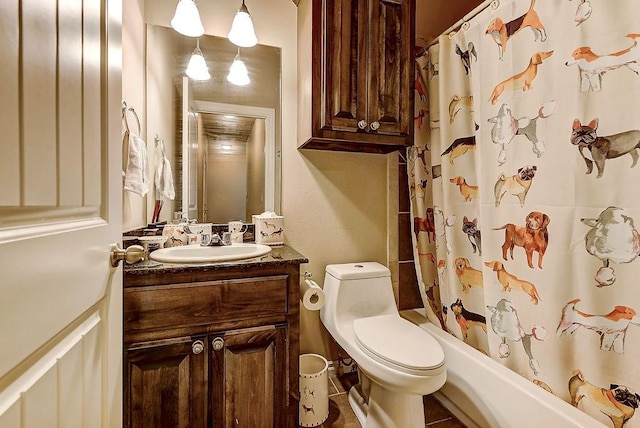 full bathroom with tile patterned flooring, shower / bath combination with curtain, vanity, and toilet