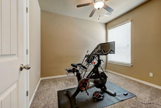 exercise area with carpet flooring and ceiling fan