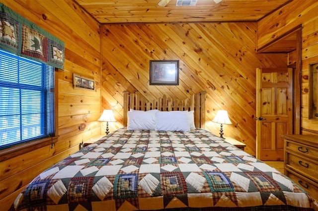 unfurnished bedroom featuring wood walls and wood ceiling