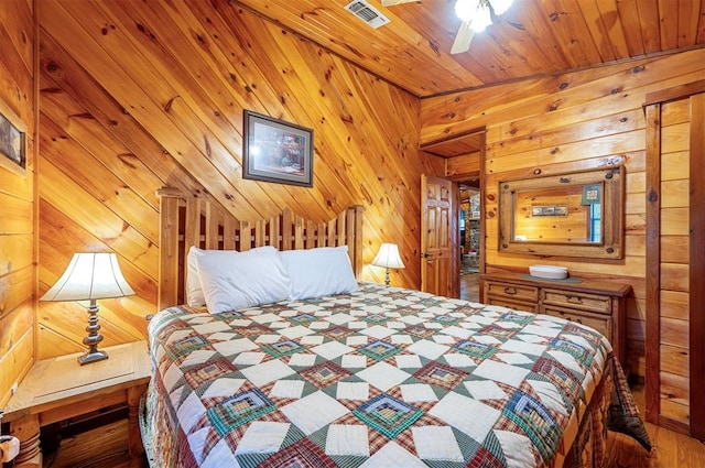 bedroom with wood walls, ceiling fan, wood ceiling, and lofted ceiling