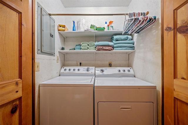 laundry area featuring electric panel and washing machine and clothes dryer