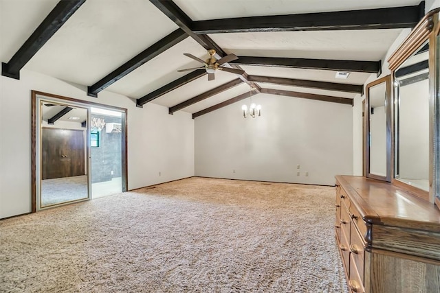 unfurnished living room with vaulted ceiling with beams, light carpet, and ceiling fan with notable chandelier