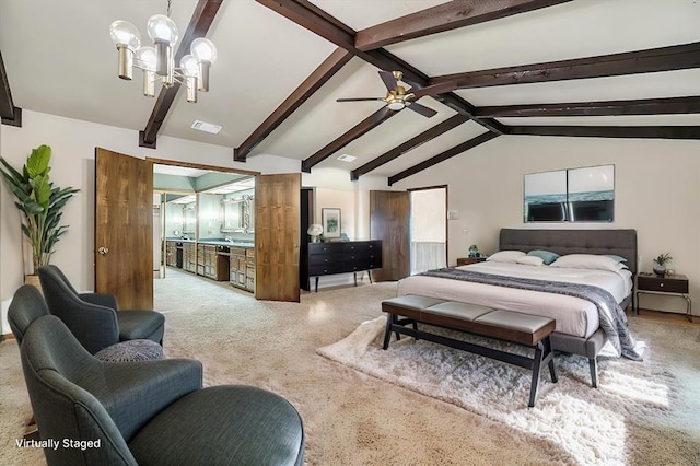 bedroom with lofted ceiling with beams and ceiling fan with notable chandelier