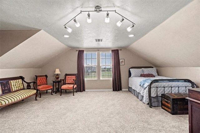 carpeted bedroom with lofted ceiling and a textured ceiling