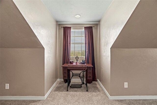 home office with a textured ceiling and light carpet