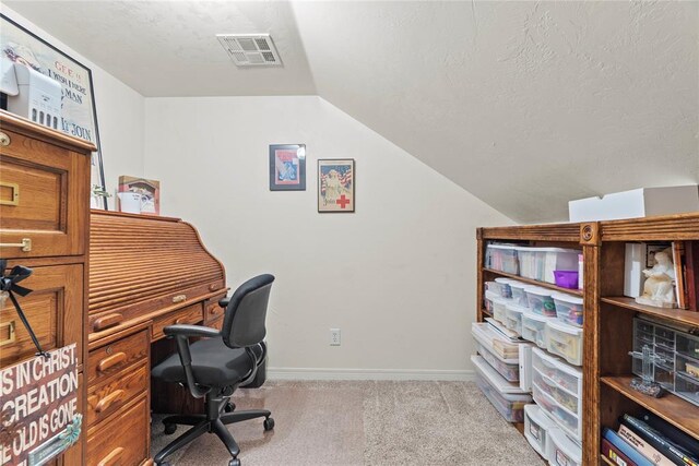 carpeted office space with a textured ceiling and lofted ceiling