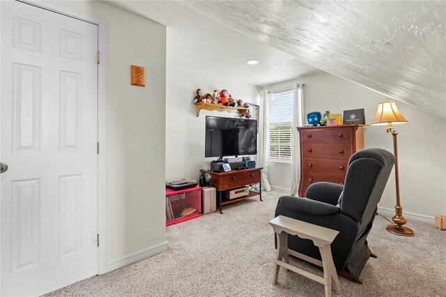 living area with a textured ceiling, carpet floors, and vaulted ceiling