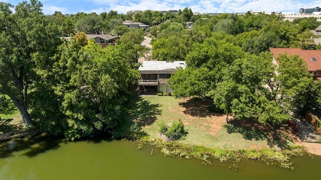 aerial view featuring a water view