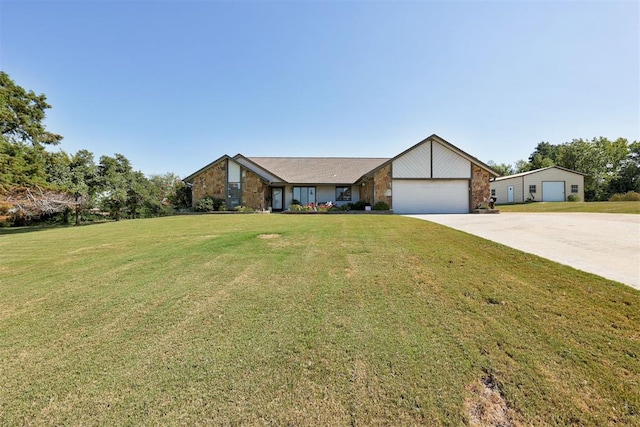 ranch-style house with a front yard and a garage