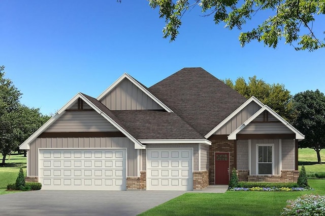 craftsman house with a garage, a shingled roof, a front lawn, board and batten siding, and brick siding