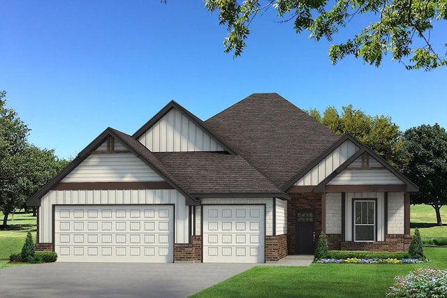 view of front facade featuring a shingled roof, an attached garage, a front lawn, board and batten siding, and brick siding