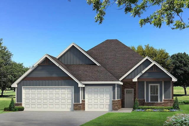 craftsman-style house with brick siding, concrete driveway, an attached garage, board and batten siding, and a front lawn